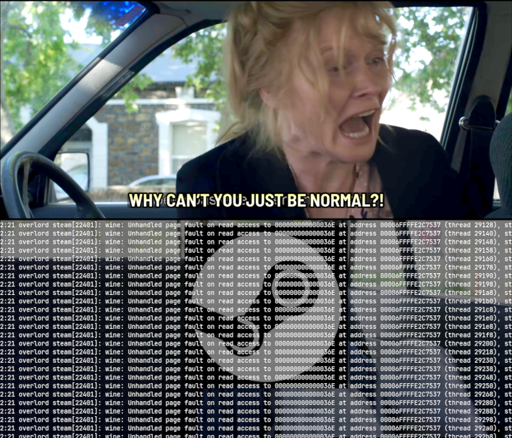 Top half: scene from "Babadook" where a woman screams "Why can't you just be normal?" at her son. Bottom half: a series of memory access error log entries overlaid on the Steam logo.