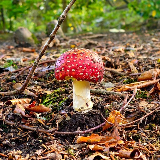 A red mushroom with white dots, poking out of the leaf litter on the ground