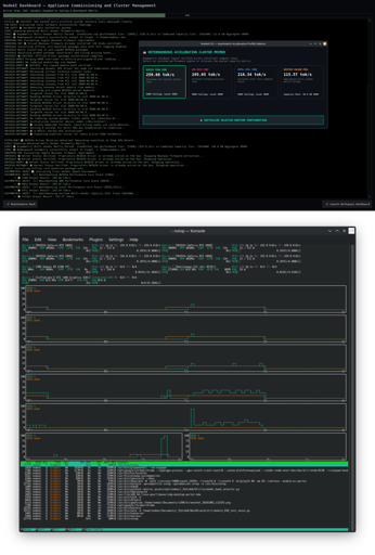 Top: The Full Dashboard view (displaying the asymmetric profiling selection system alongside active monitor structures). Bottom: •  Live nvtop Telemetry matrix (proving the multi-GPU concurrency across NVIDIA, AMD, and Intel Arc silicon).