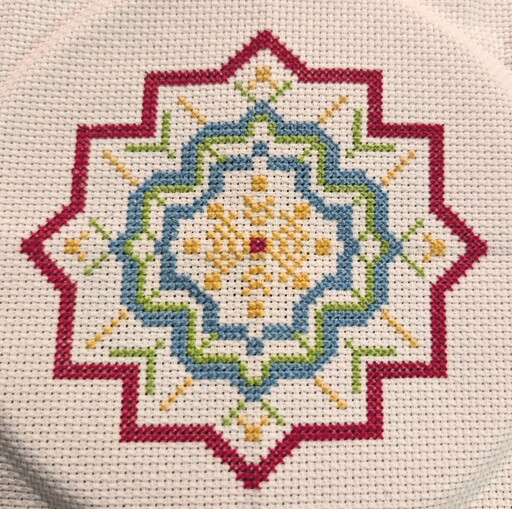 A photo of a finished cross stitch kit.  The kit is the Learning Cross Stitch Kit from DMC.